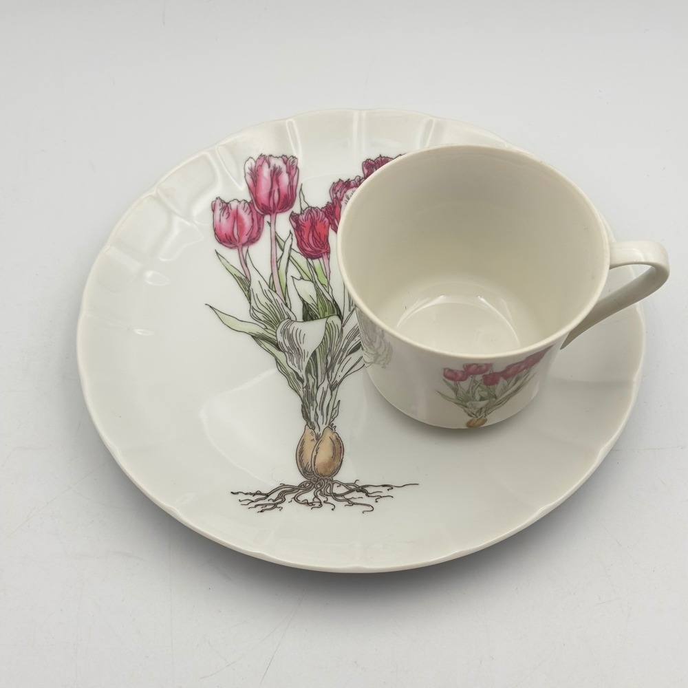 Mann Fine China Tulip Botanical Snack Set Teacup and Saucer Plate Vintage Whimsy